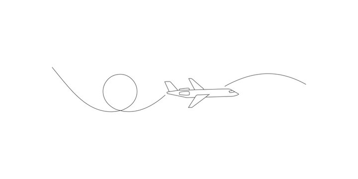 Single continuous line airplane flight path drawing with jet plane graphic for travel agency marketing branding.
