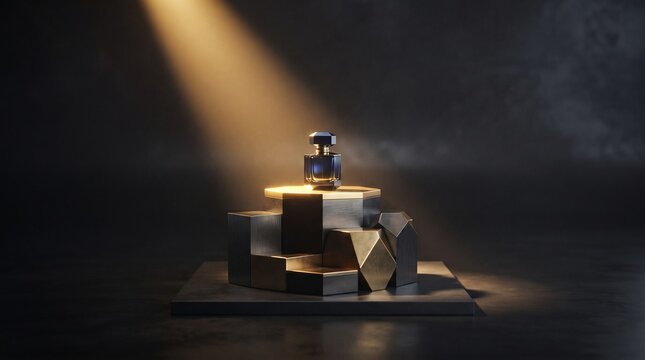 elegant dark blue perfume bottle on a geometric golden podium illuminated by a dramatic spotlight luxury product presentation photography