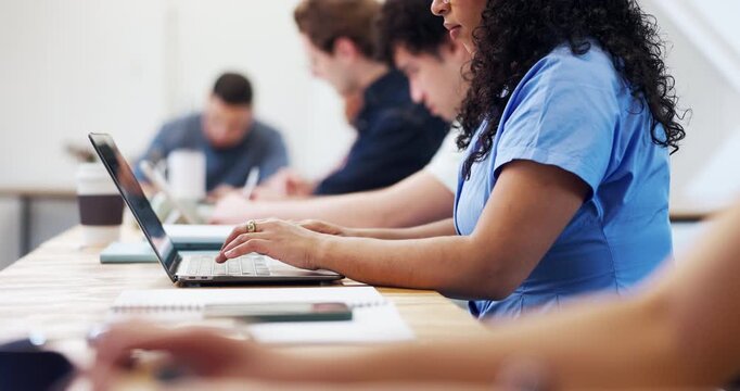 College, woman or hands in class with laptop, thesis research or assignment on education portal. Digital, typing or student with tech, preparing assessment or university report in online submission.