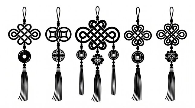 Elegant collection of traditional Chinese knot tassel ornaments, intricate loop patterns, decorative pendants, black silhouette vector style, symmetrical craftsmanship, cultural symbolism, isolated ba