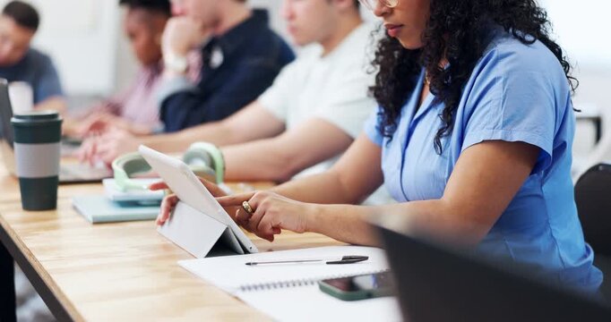 University, scroll and hands in class with tablet, thesis research or assignment on education portal. Digital, woman and student with tech, preparing assessment or college report in online submission