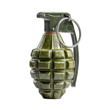 Olive green hand grenade, textured metal fragmentation grenade with safety pin, military ordnance for conflict concepts isolated PNG with Transparent Background