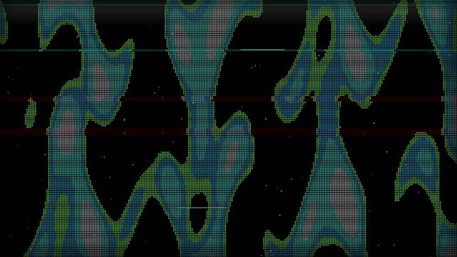 Abstract blue and green crt scanline texture pulses with organic glitch patterns. Retro television screen noise creates a unique vintage digital design.