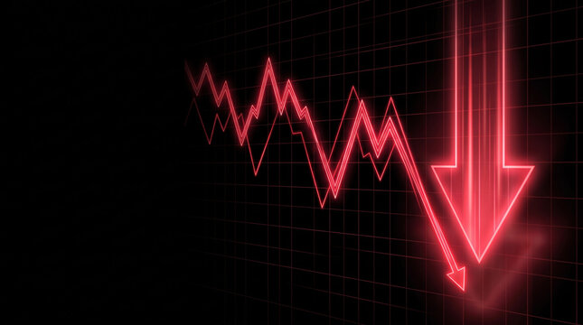Digital red candlestick chart showing market decline and downward arrow. Global economy finance market. stock investment trading candleholder, graph analysis risk loss profit