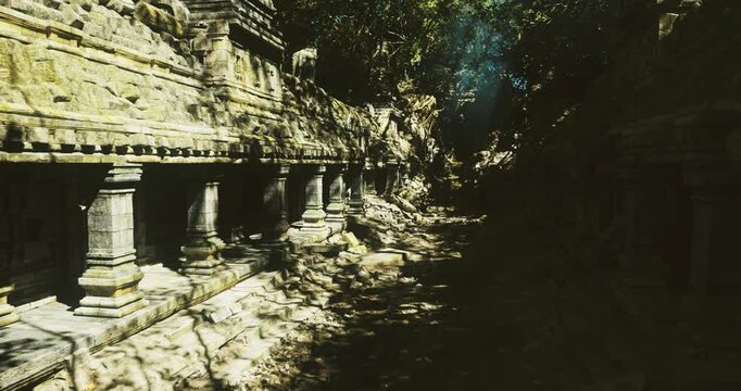 Dense jungle surrounds sacred corridor, Archaeologist examines carved stones within shadowy passage surrounded by thick foliage and dappled sunlight