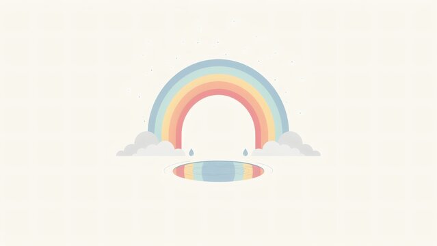 Minimalist flat vector illustration of a colorful rainbow arching over a small water puddle with raindrops light background soft clouds raindrops