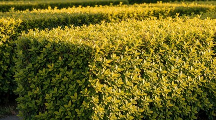 Obraz premium Trimmed golden privet hedge in garden. Yellow, green leaves of Ligustrum ovalifolium aureum shrub grow in rows. Sunlight hits ornamental foliage in backyard landscaping. Decorative plant fence