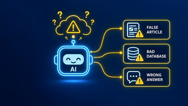 AI Robot With Warning Cloud And Issues False Article Bad Database Wrong Answer