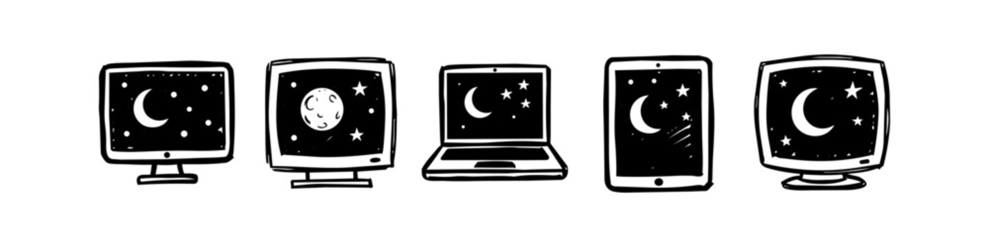 Hand drawn doodle set of computer monitors, laptop, and tablet showing night sky, moon, and stars on screens. Concept of dark mode, digital screen time, and sleep.