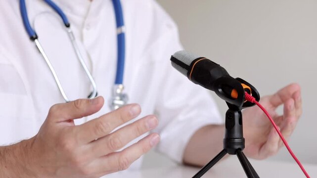 Doctor in a white coat with a stethoscope hosting a medical podcast and giving professional health recommendations into a microphone.