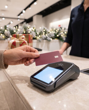Customer pays by bank card at a staffed checkout during Christmas shopping. Employee stands behind counter while shopper uses contactless reader beside wrapped gifts and evergreen garland.