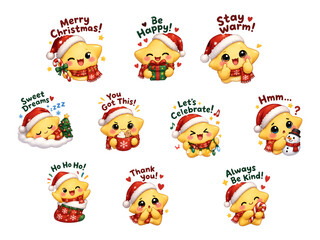 Fototapeta premium Adorable cartoon star character stickers pack with Christmas greetings and cute expressions, festive emoji collection, generative AI.