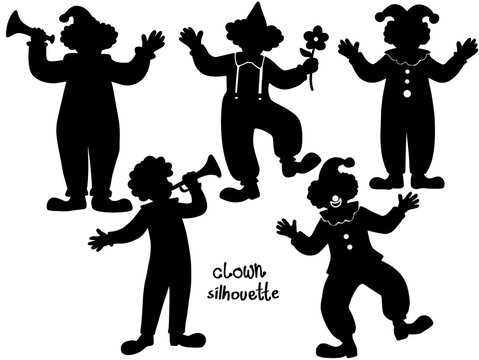 Set of clown silhouettes with musical instruments and playful poses