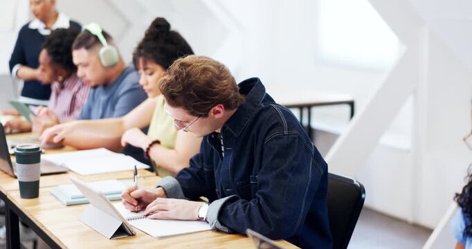 College student, thinking and man with tablet in classroom, education or study with research on app. University, reflection and people with tech, writing and planning for assignment with info on web