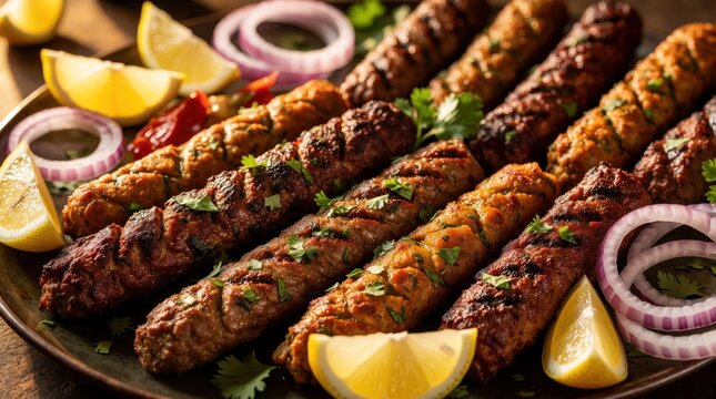 Assorted meat kebabs on platter with onion rings, lemon wedges. Grilled seekh, shammi skewers served with fresh herbs. Delicious spicy minced meat dish for indian turkish bar b q dinner. Tasty