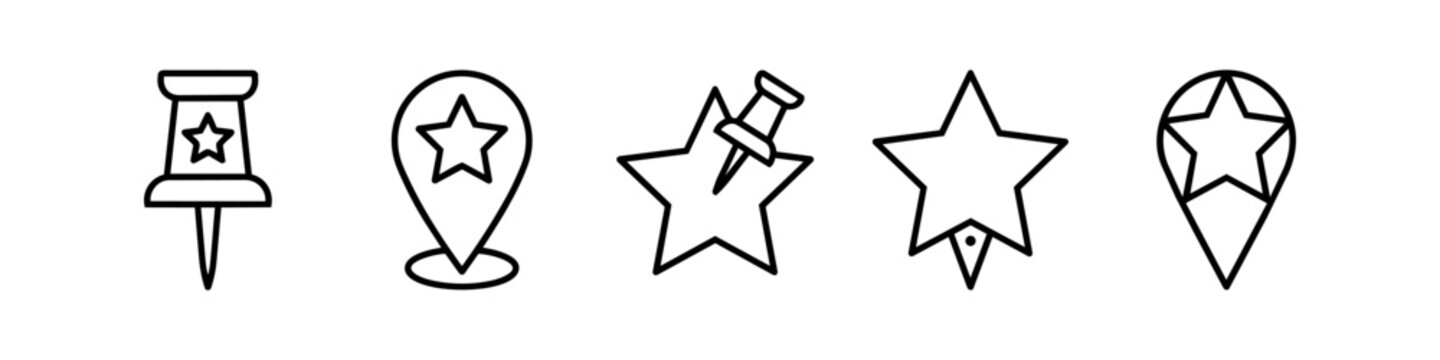 Set of favorite location and star pin line icons. Black outline symbols of map pointers, pushpins, bookmarks, and favorite places isolated on a white background.