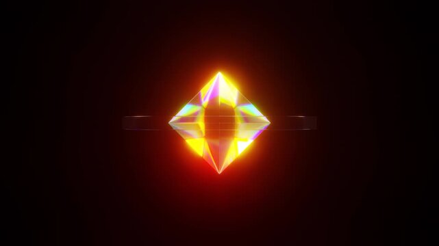 Looping 4K 3D render of rotating crystal glass circle with octagon inside, rainbow gradient, golden neon glow, iridescent refraction and colorful dispersion.