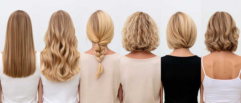Six women from behind in a row showing different blonde hairstyles and haircuts
