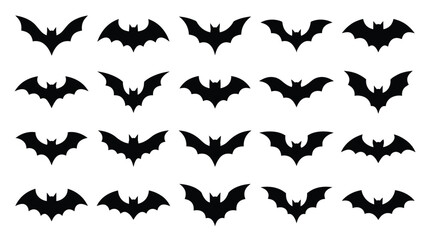 Fototapeta premium Black vector bat silhouettes collection featuring various flying animal shapes for spooky halloween graphic design projects