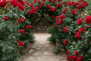 Fototapeta premium The Rose Archway Over a Stone Path Through a Lush Garden