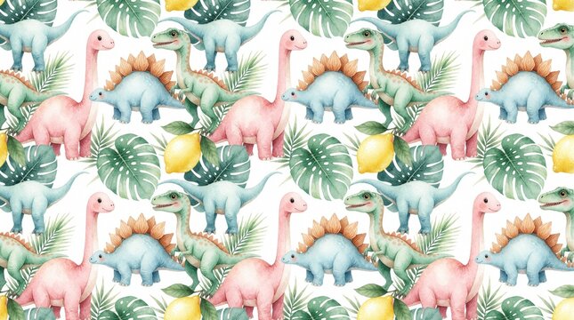 Cute pastel watercolor dinosaur pattern with tropical leaves, lemons. Seamless design features pink brontosaurus, blue stegosaurus, green tyrannosaurus. Whimsical prehistoric animals walk among palm