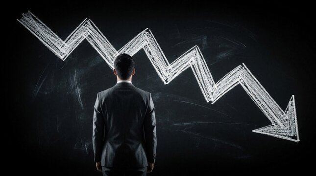 Businessman in suit stands before blackboard with large white chalk arrow pointing down. Pro man looks at falling graph during economic recession. Financial crisis, market crash, budget deficit