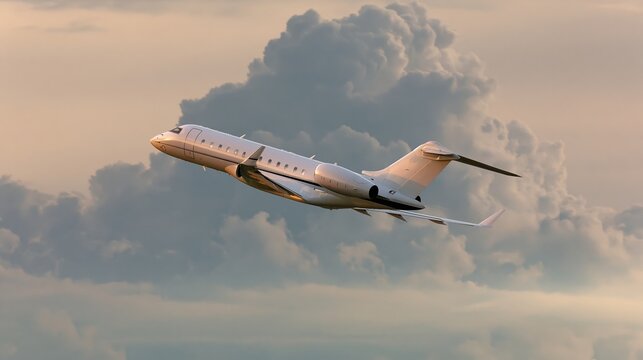 The Private Jet Ascending Over Velvet Clouds at Sunset Gracefully