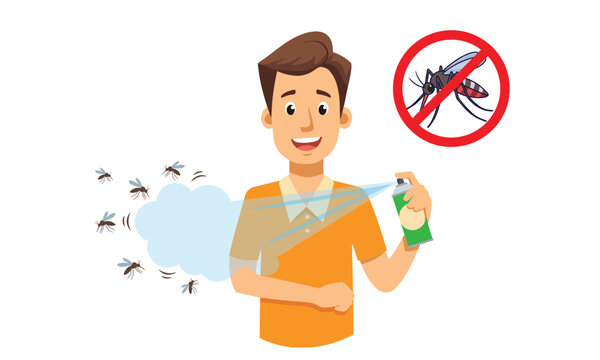 Man using mosquito repellent spray to protect against insect bites in