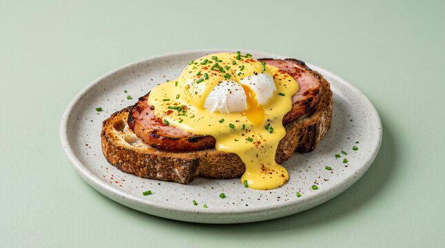 Delicious eggs benedict with ham on toasted sourdough bread served on a plate.