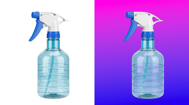 Empty plastic spray bottle with trigger nozzle on colorful background
