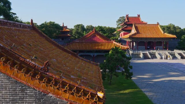 Elevated view of Qing dynasty halls and tiled roofs at Zhaoling Tomb