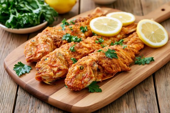 Fried surmullet fish with lemon slices and parsley on wooden board