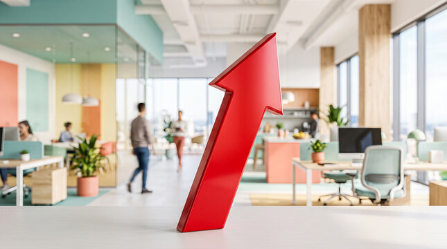 Large red arrow symbol leaning upwards on white foreground desk with blurred colleagues walking across colorful open space office interior daytime