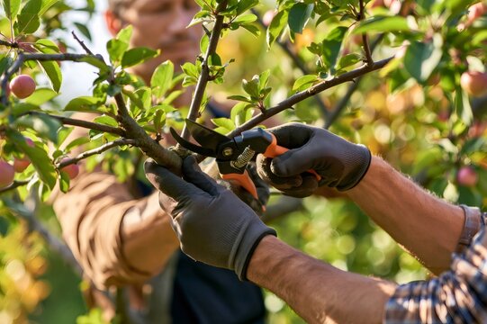 Gardener hands pruning fruit tree branch in orchard