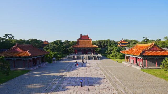 Wide elevated view of courtyard and main hall at Zhaoling Tomb
