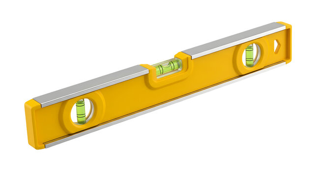 A clean 3D-rendered yellow and silver spirit level construction tool featuring three green liquid bubble vials for horizontal and vertical alignment, set diagonally against a solid white background