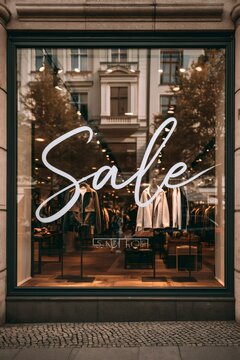 Retail store window displaying sale sign and clothing