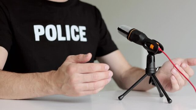 Police officer giving an official press conference. Law enforcement representative speaking into a microphone, delivering a statement or public briefing.