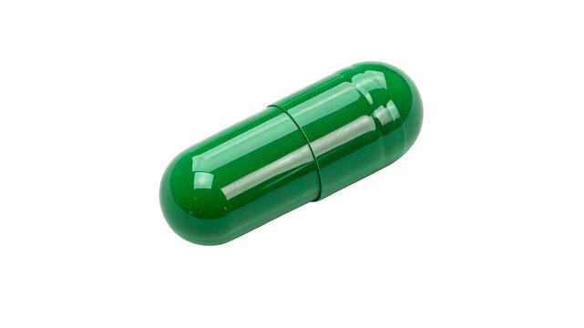 Single green medical capsule drug pill antibiotic healthcare vitamin supplement vertical isolated on transparent background