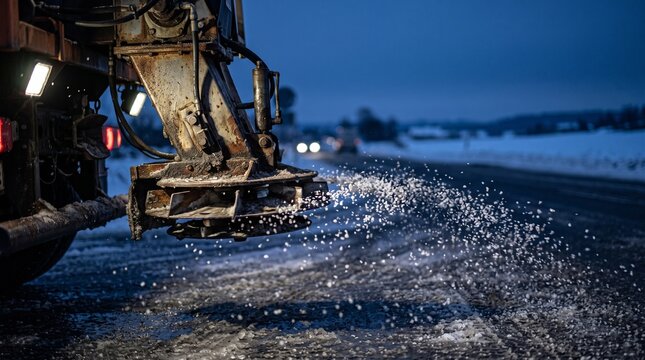 Winter road maintenance vehicle spreading deicing salt on icy highway at night