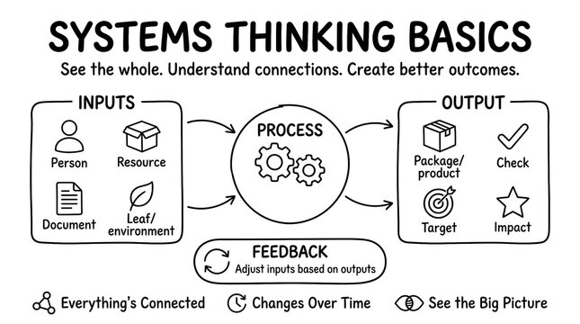 Systems thinking basics diagram showing inputs process and output flow