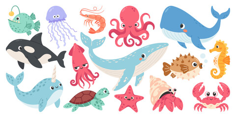 Fototapeta premium Hand Drawn Cute Sea Animals Set with Ocean Creatures
