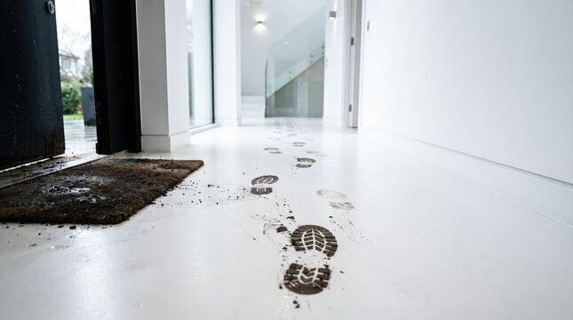 Crime. Dirty brown muddy shoe footprints tracked across clean white floor leading inside modern house hallway away from open front door
