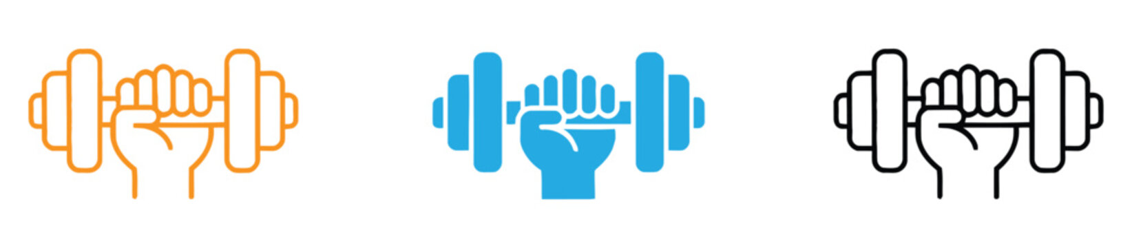 Hand holding dumbbell vector icons set, fitness and gym workout equipment, bodybuilding symbols, strength training signs on isolated white background.