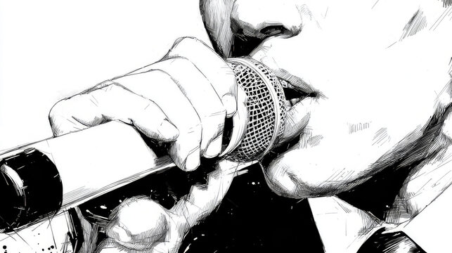 A close-up black and white manga-style illustration of a person singing into a microphone, holding it tightly with one hand.   