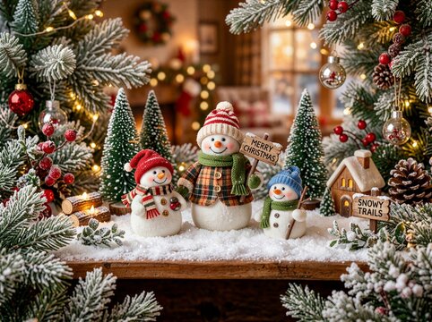 Snowman Family Christmas Decorations with Frosted Evergreen Branches and Warm Lights