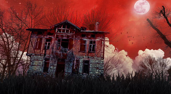 halloween creepy haunted old house and fool moon