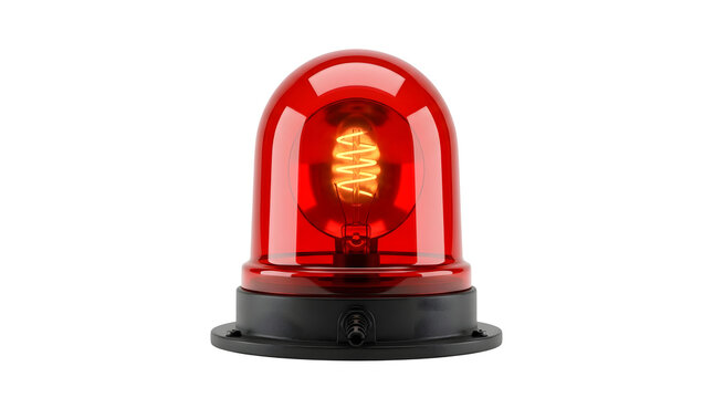 Red emergency beacon warning light featuring a glowing yellow spiral filament inside a transparent red glass dome, mounted on a black circular base with screws, isolated on a solid white background