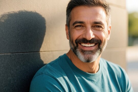 Smiling middle aged man with grey beard leans on urban wall. Happy mature Hispanic male with salt, pepper hair wears blue t-shirt. Attractive senior adult enjoys sunny day in city. Portrait of