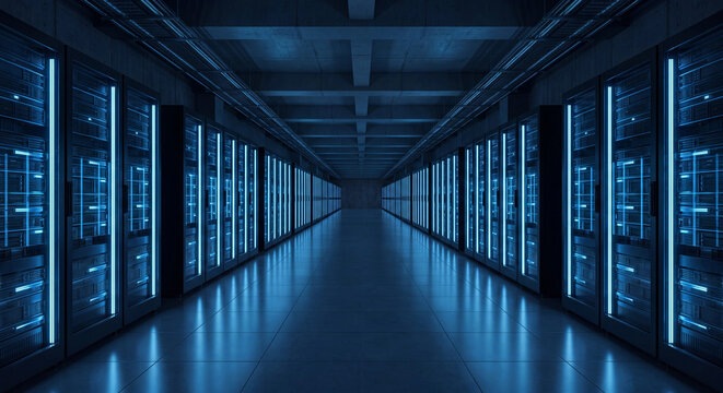 Long blue server room corridor with neon lit rack cabinets in futuristic data center